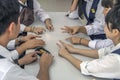 Japanese Schoolchildren Playing RockÃ¢â¬âPaperÃ¢â¬âScissors At Kyoto Japan 2015